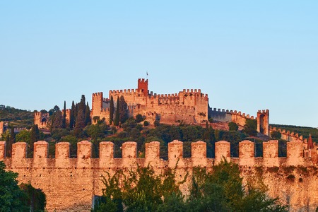 View of beautiful medieval town of Soave, Italy in the eveningの写真素材