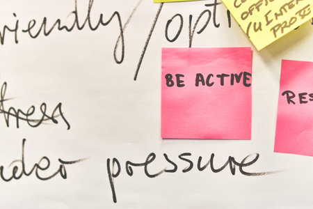 Be active written on pink paper stickers attached to a flip chart