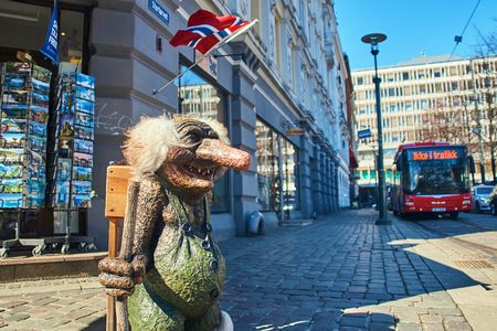 Traditional Norwegian troll figure on the street in front of a souvenir gift shop in Oslo, Norway.のeditorial素材