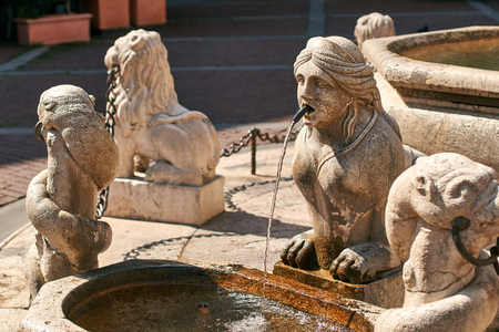 Old Contarini fountain on Piazza Vecchia square in Bergamo, Italyの写真素材