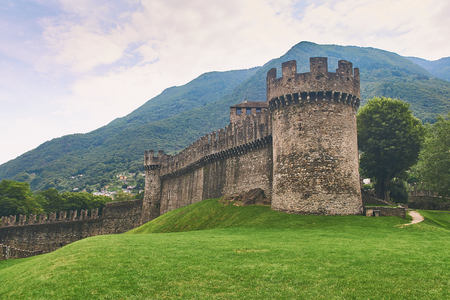 Beautiful medieval Montebello castle in Bellinzonaの写真素材