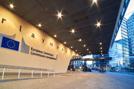 Entrance of the Berlaymont building, headquarters of the European Commission with the organization...