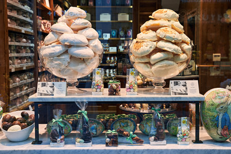 Shop window of the chocolatier Elisabeth, which specialized in meringues in Brussels, Belgium