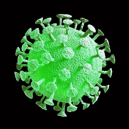 Coronavirus COVID-19 or 2019-nCov novel coronavirus concept resposible for asian flu outbreak and coronaviruses influenza as dangerous flu strain cases as a pandemic. Microscope virus close up in acid green color isolated on black. 3d rendering.の写真素材