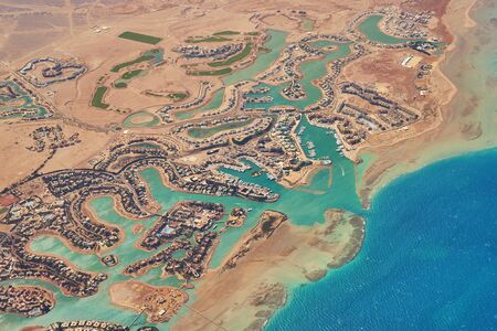 Aerial view of El Gouna a luxury Egyptian tourist resort located on the Red Sea 20 kilometres north of Hurghada.の写真素材