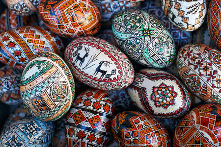 Colored eggs with traditional patterns from Kosmach, Ukraineのeditorial素材