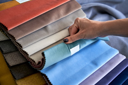 Choosing upholstery fabric color and texture from various colorful samples in a store. Female customer hands touching textile.の写真素材
