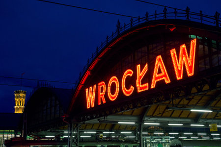 Platform of Wroclaw Glowny railway station at duskのeditorial素材