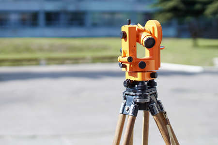 Theodolite a precision optical instrument for measuring angles between designated visible points on a construction siteの写真素材