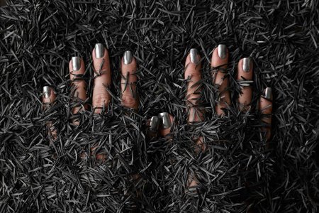 Female hands with metallic silver nails covered with black spruce needlesの写真素材