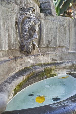 Faun head sculptue as part of medieval fountain at Plaza del Espiritu Santo in Vegueta, Las Palmas de Gran Canaria, Spainの写真素材
