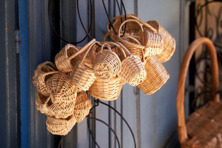 Small traditional souvenir wicker baskets on sale in Nice, Franceの写真素材
