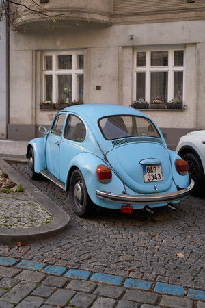 Rear view of Vintage light blue Volkswagen VW Beetle car parked on the streetのeditorial素材