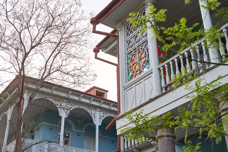 Architecture details of an old house in Tbilisi, Georgia with stained glass windowの写真素材