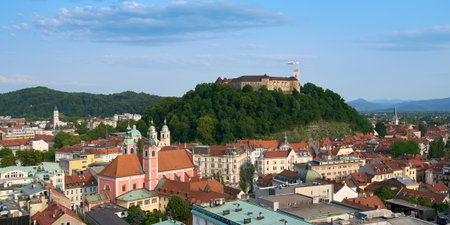 Ljubljana panorama. Beautiful cities of Europe - charming, capital of Slovenia, panoramic view with old town and castle.の写真素材