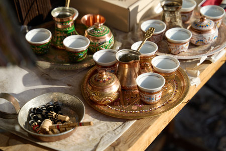 Traditional Bosnian handmade coffee sets on sale. Copper cezves, porcelain cups, and matching accessories. Bascarsija bazaar in Sarajevo.の写真素材