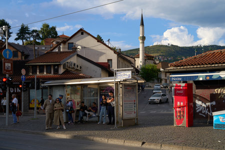 Bascarsija bus stop in historic part of Sarajevo city, Bosnia and Herzegovinaのeditorial素材