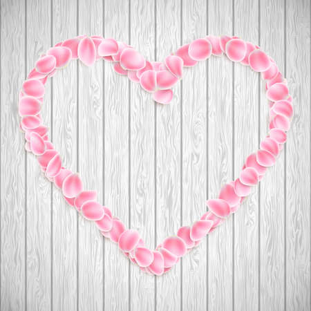 Beautiful heart made from pink Sakura petals on wooden texture. EPS 10 vectorのイラスト素材