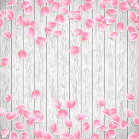 Realistic Sakura petals on a white wooden background. EPS 10 vectorのイラスト素材
