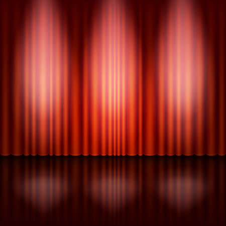 Spotlight on stage and red curtain. Vector illustration.のイラスト素材