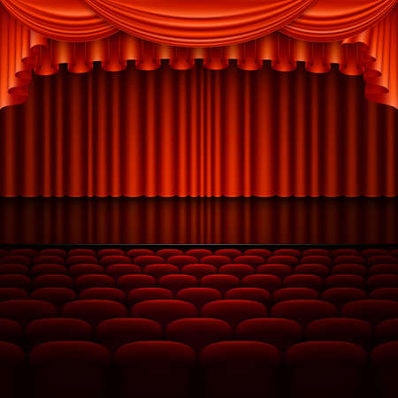 Stage with red curtain. Vector illustration.のイラスト素材