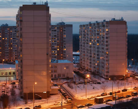 Houses in the residential area in Moscow shot in winter at night timeのeditorial素材