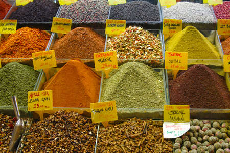Traditional colorful turkish spices in the bazaar. Shot made in the Spice market in Istanbul, Turkeyの写真素材