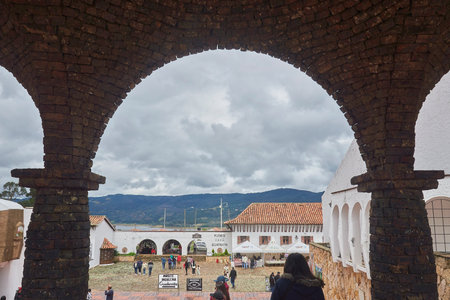Unidentified people visit the historic center Guatavita, Colombia.の写真素材
