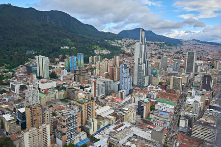 Skyline Brilliance: Basking in sunlight, a panoramic view from Colpatria Tower offers a striking perspective of Bogota's vibrant urban landscape.のeditorial素材