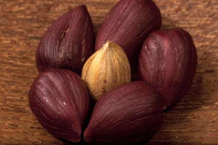 Hazelnuts, macro on a wooden backgroundの写真素材