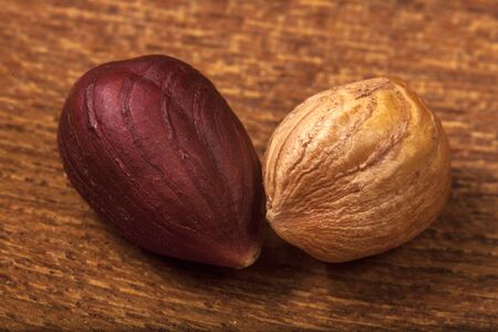 Hazelnuts, macro on a wooden backgroundの写真素材