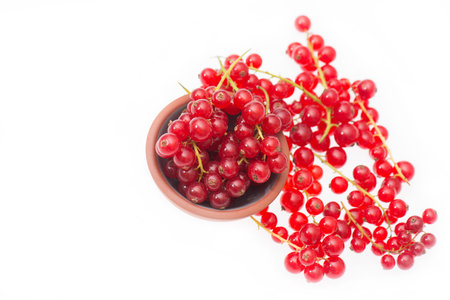 Red currants in a bowl isolated on a white backgroundの写真素材