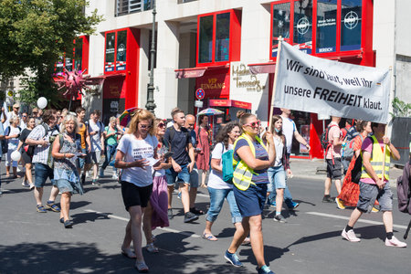 Demonstration in Berlin, Germany on August 1st, 2020, protest against corona regulations, street June 17th, Brandenburg Gateのeditorial素材