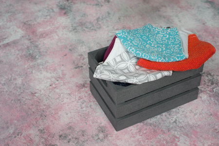 Masks for to protect from covid-19, handmade, textured background, empty copy space for textの写真素材