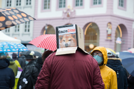 Demonstration in Trier on the 20.01.2021 against the covid-19 regulations in Germany, protest of the Antifa and the radical left wing against corona deniersのeditorial素材
