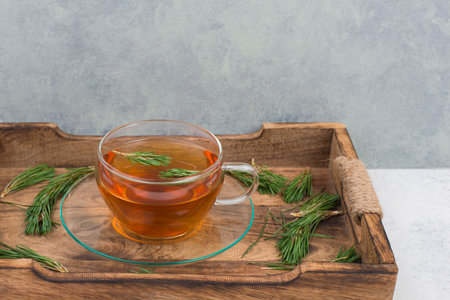 Pine needle tea in a cup on a white textured background, empty copy space for text, hot drinkの写真素材
