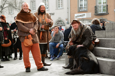 Traditional medieval Easter market in Echternach in Luxembourg, costs from middle age, pottery, herbs and more for saleのeditorial素材
