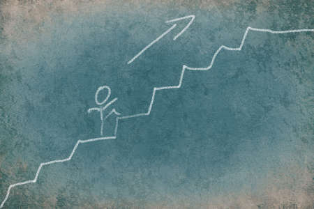 Stick figure walking up the stairs, chalk drawing on a blue textured background, increase developmentの写真素材