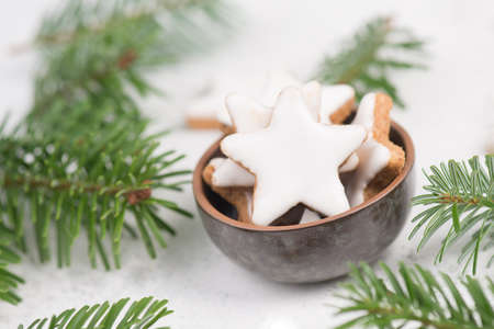 Cinnamon stars, traditional german christmas cookies, gingerbread, empty copy spaceの写真素材