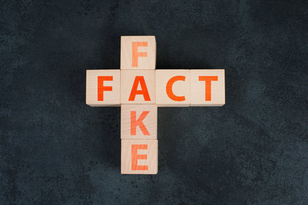 The words fact and fake are standing on wooden blocks in red lettersの写真素材