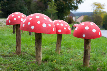 Toadstool mushroom made from wood, standing in a group on the green grassの写真素材