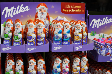 Chocolate Santa Clauses in a row in the supermarket Kaufland in Trier, 06.10.2021, Germanyのeditorial素材