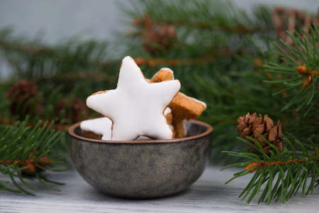 Cinnamon stars, traditional german christmas cookies, gingerbread, empty copy spaceの写真素材