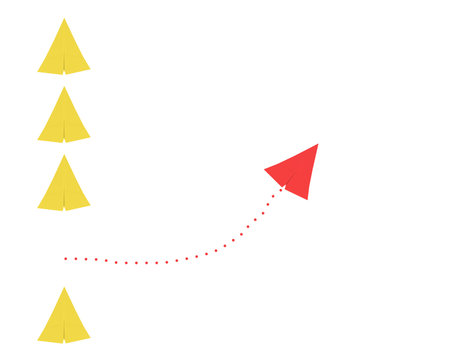Paper airplans in different colors, standing out, sky rocket, business starup, 3d grafic