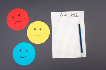 Empty paper with goals 2022, copy space for text, pen, blue colored background, business concept,...