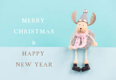 Christmas reindeer, holiday grreeting card, wintertime, copy space, blue color, xmas seasonの写真素材