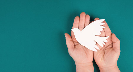Holding a white dove in the hands, symbol of peace, paper cut out, copy space for text