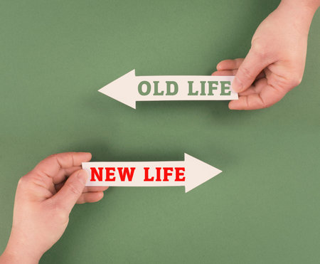 Old and new life concept, choosing a new direction, changing lifestyle, looking forward to an...