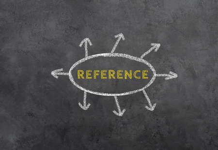 The word reference is standing on a chalkboard, circle with arrows, business evaluation, customer conversationの写真素材