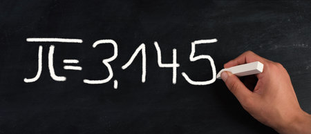 The mathematical constant pi 3.145 is standing on a chalkboard, defined in Euclidean geometry as the...